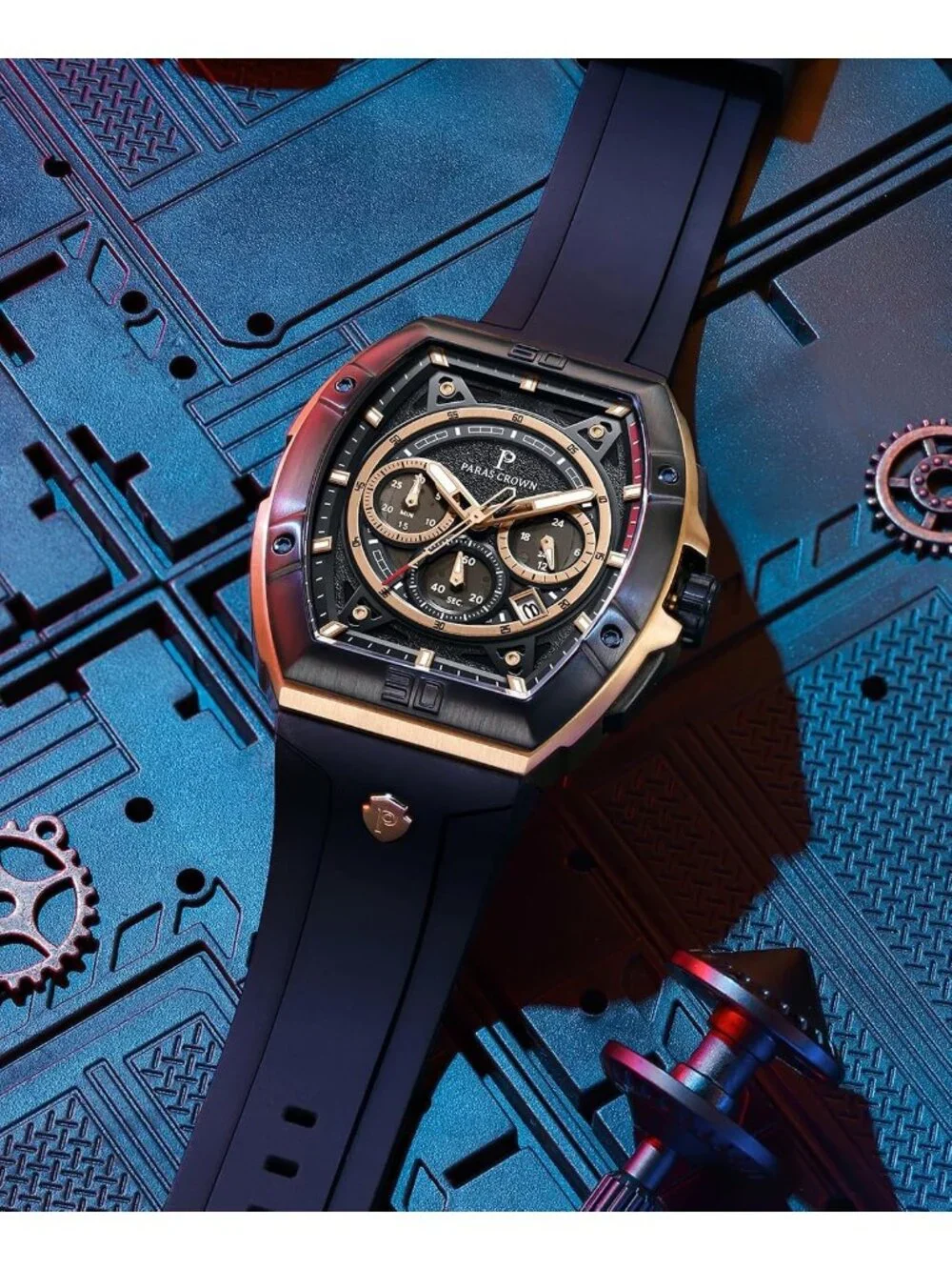 Men's Rose Gold Black 5ATM Waterproof Quartz Luxury Chronograph Analog Watch